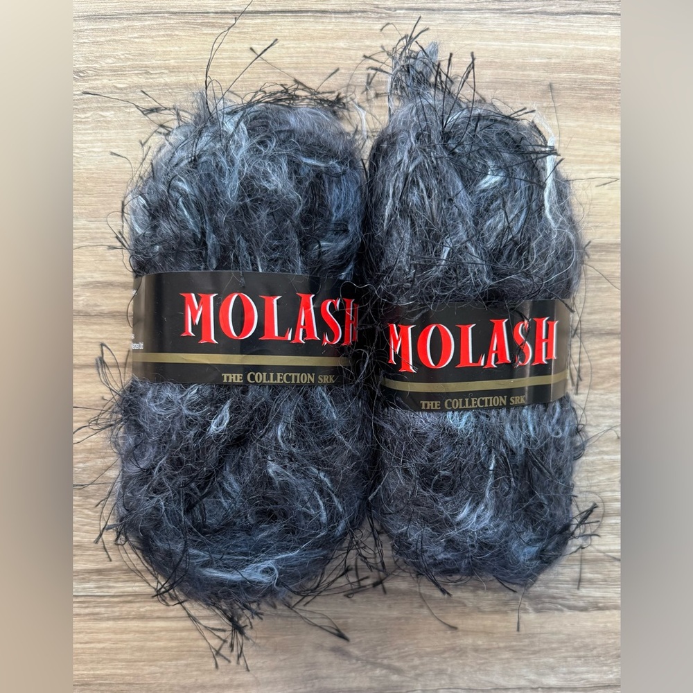 MOLASH 2 Wool Mohair Skeins Eyelash Yarn Black Gray Made in England SR Kertzer